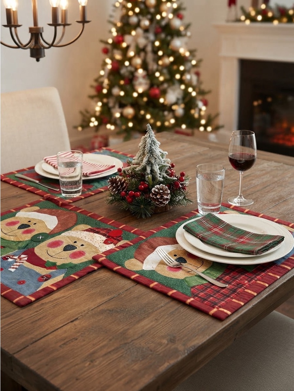 2 Vintage Christmas Holiday Snowman and Bear Quilted table mats placemats